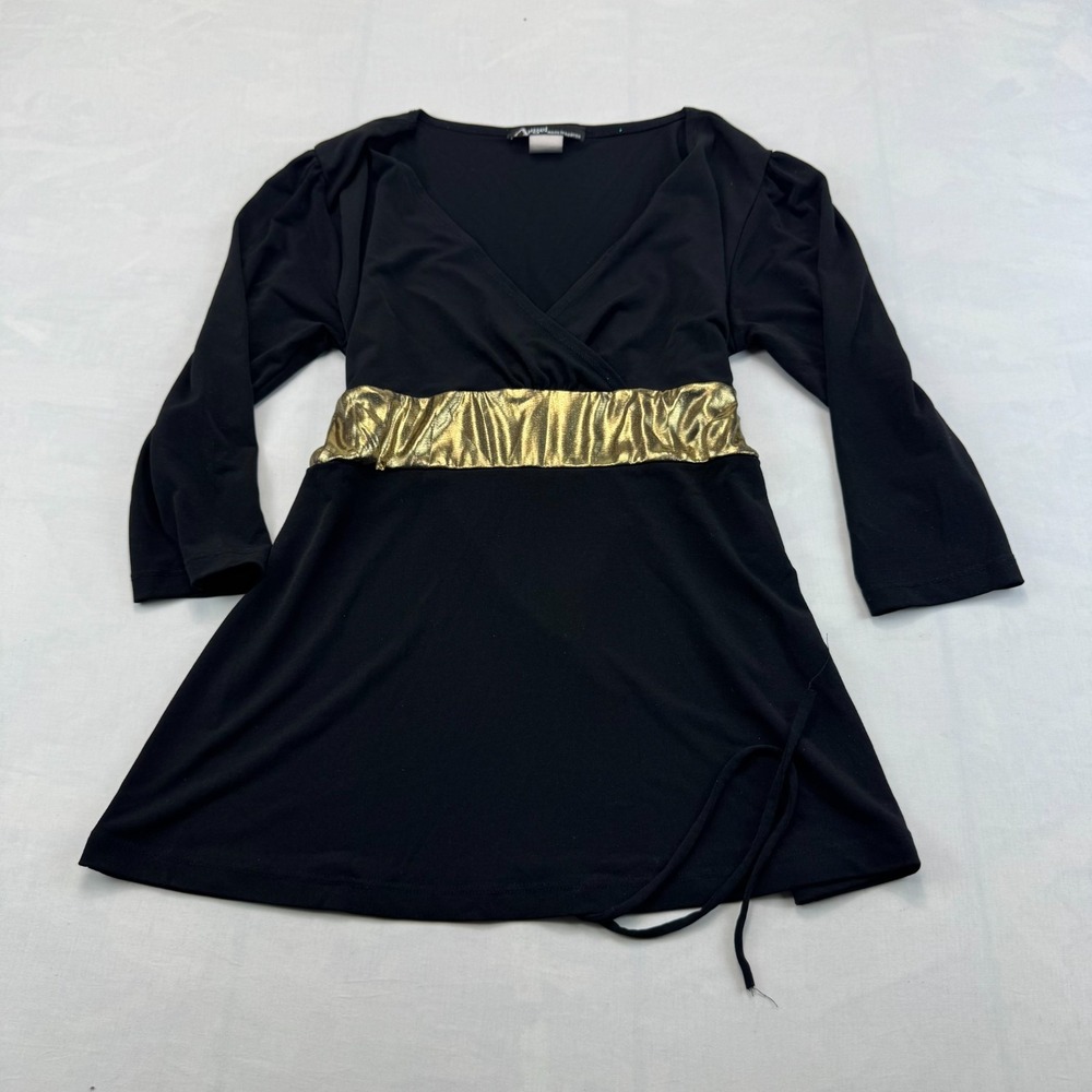 Angel Made in Heaven Wrap Tunic Top Womens Large Black V-Neck Gold Trim Pullover